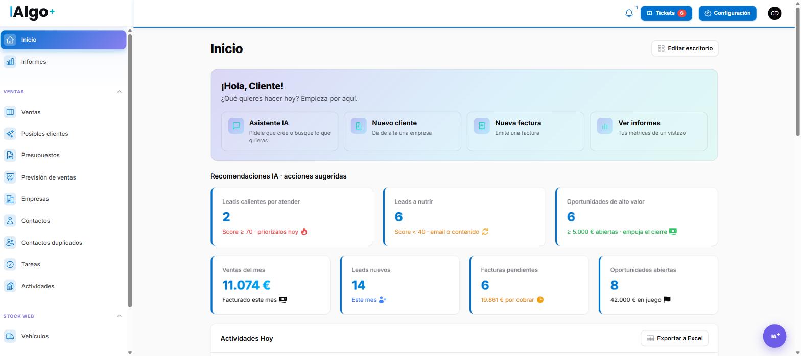 Panel de inicio de IAlgo+ con recomendaciones de IA